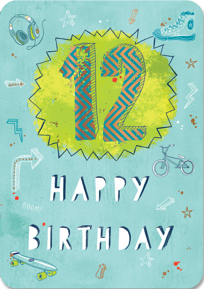 12th Birthday Card - Headphones, Shoes, Bicycles and Skateboards