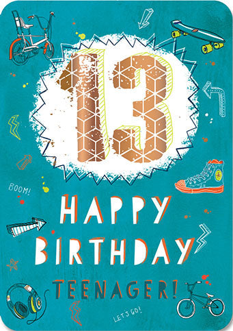 13th Birthday Card - Headphones, Shoes, Bicycles and and Skateboards
