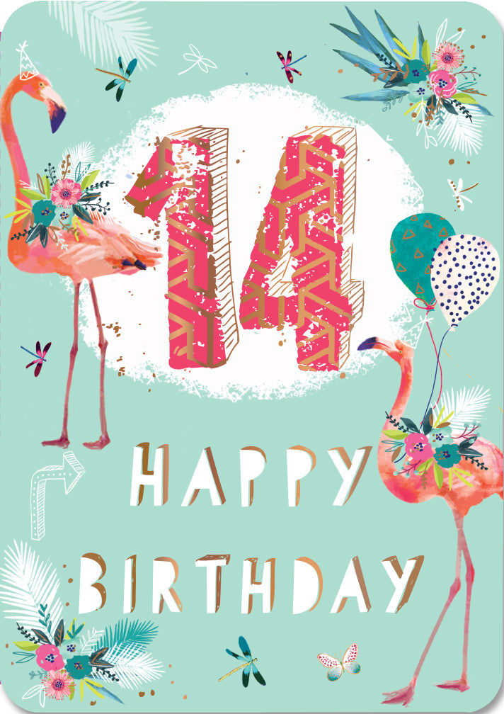 14th Birthday Card - Flamingos and Balloons