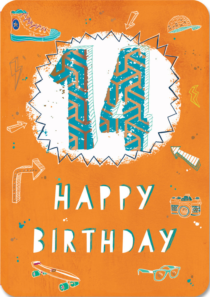 14th Birthday Card - Fashion Accessories and Skateboard