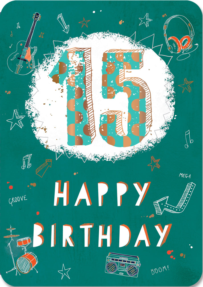 15th Birthday Card - Bold Metallic 15 With Musical Instrumental Accents