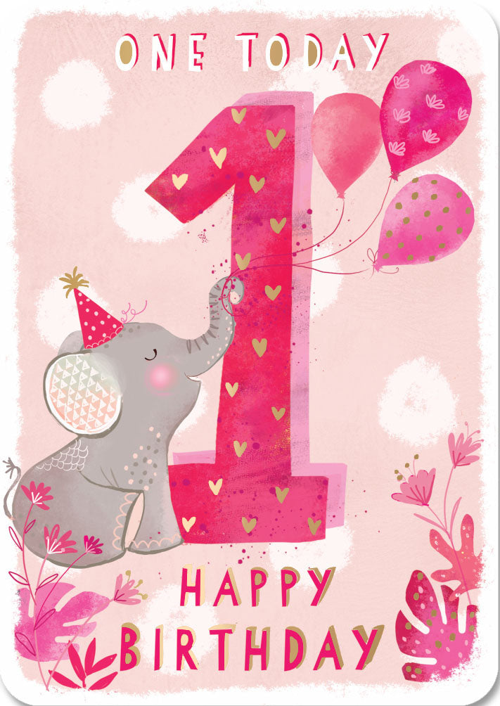 1st Birthday Card - Cute Pink Elephant