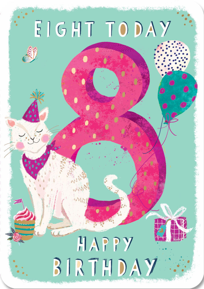 8th Birthday Card - Party Cat