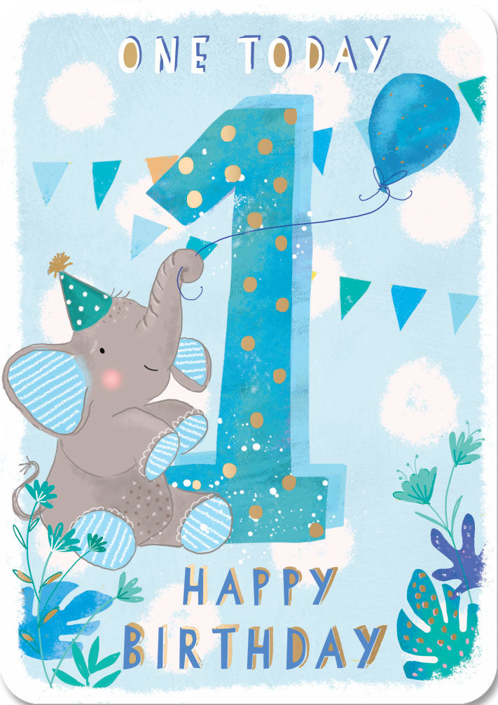 1st Birthday Card - Cute Blue Elephant