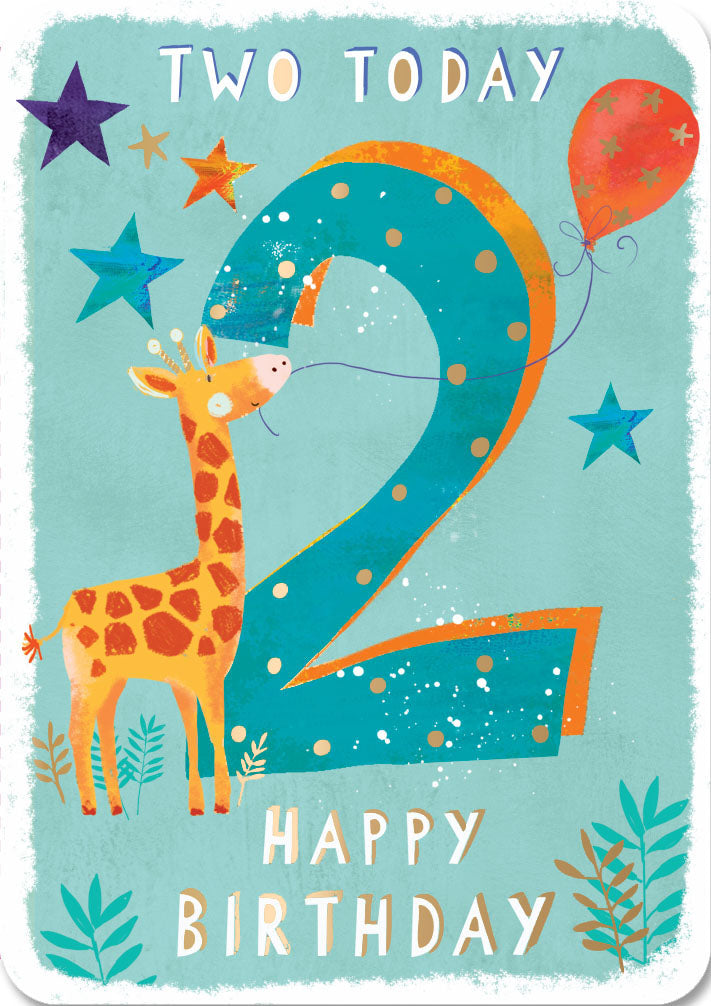 2nd Birthday Card - Tall Giraffe With A Balloon