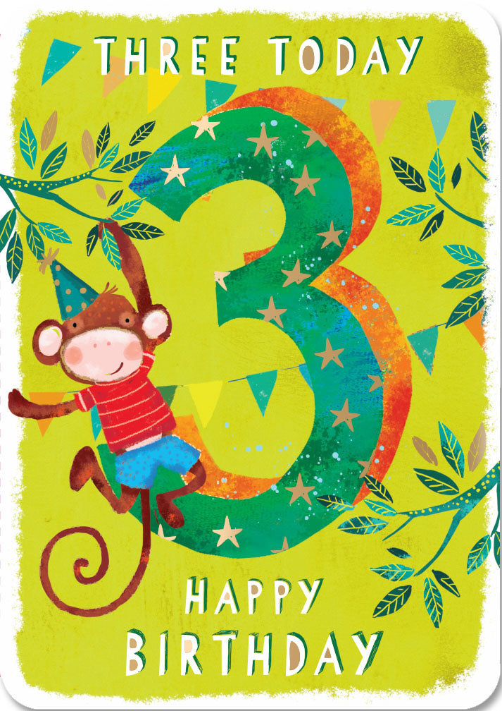 3rd Birthday Card - Swinging Monkey