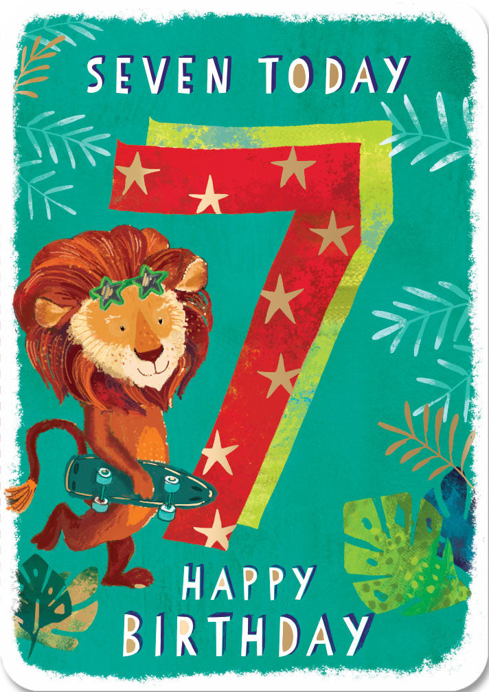 7th Birthday Card - Cool Lion With A Skateboard