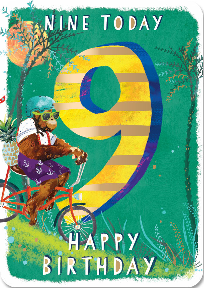9th Birthday Card - Cool Chimp Riding A Bike