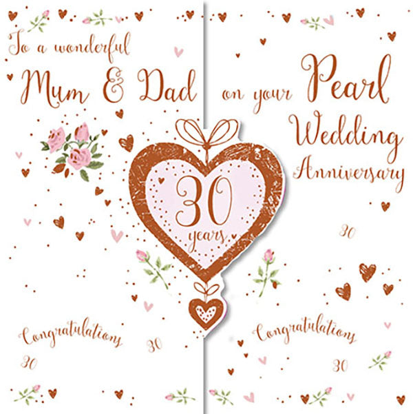Mum and Dad 30th Wedding Anniversary Card - Blank Inside - Diecut Heart  