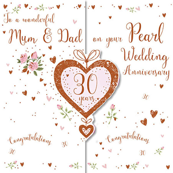 Mum and Dad 30th Wedding Anniversary Card - Blank Inside - Diecut Heart
