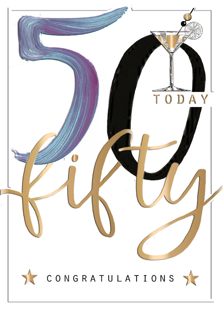50th Birthday Card - Trendy Word Art With A Toast Of Champagne 