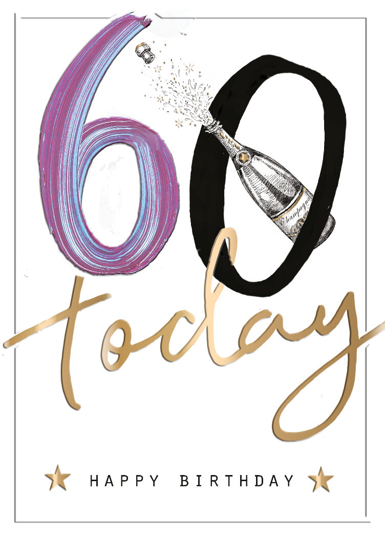 60th Birthday Card - Popping Champagne - Trendy Word Art