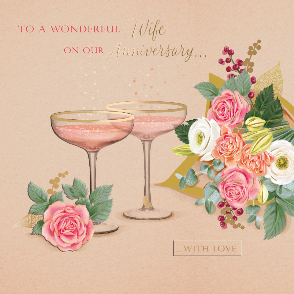 Wife Anniversary Card - Champagne And Flowers 