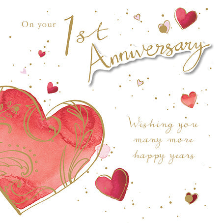 1st Anniversary Card - Embellished with Contemporary Red Hearts