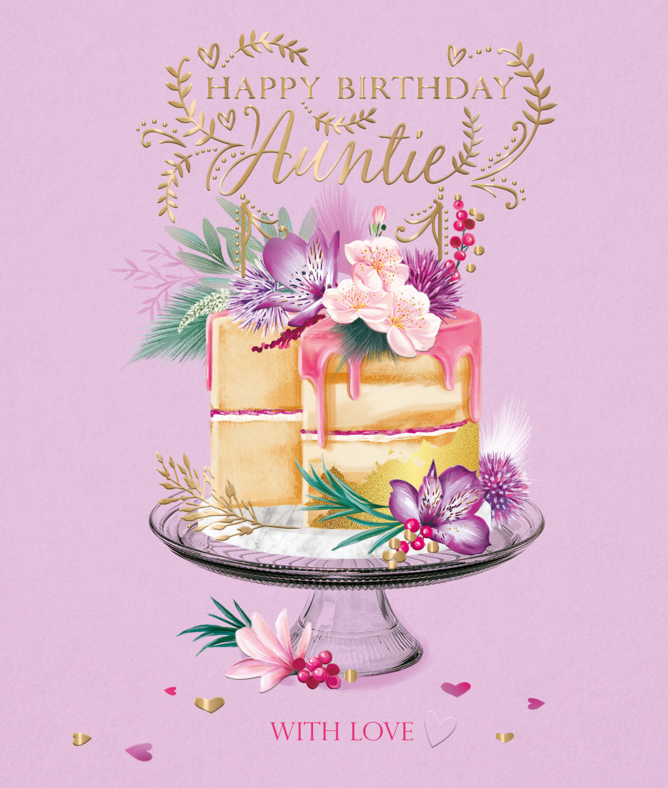 Auntie Birthday Card - Exquisite Cake With Pretty Flowers