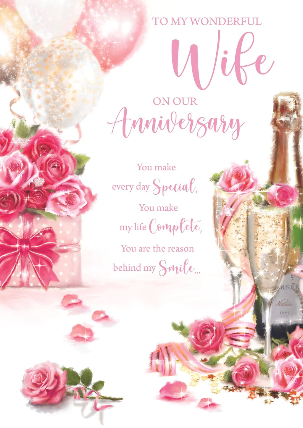 Wife Anniversary Card - Roses Champagne And Balloons