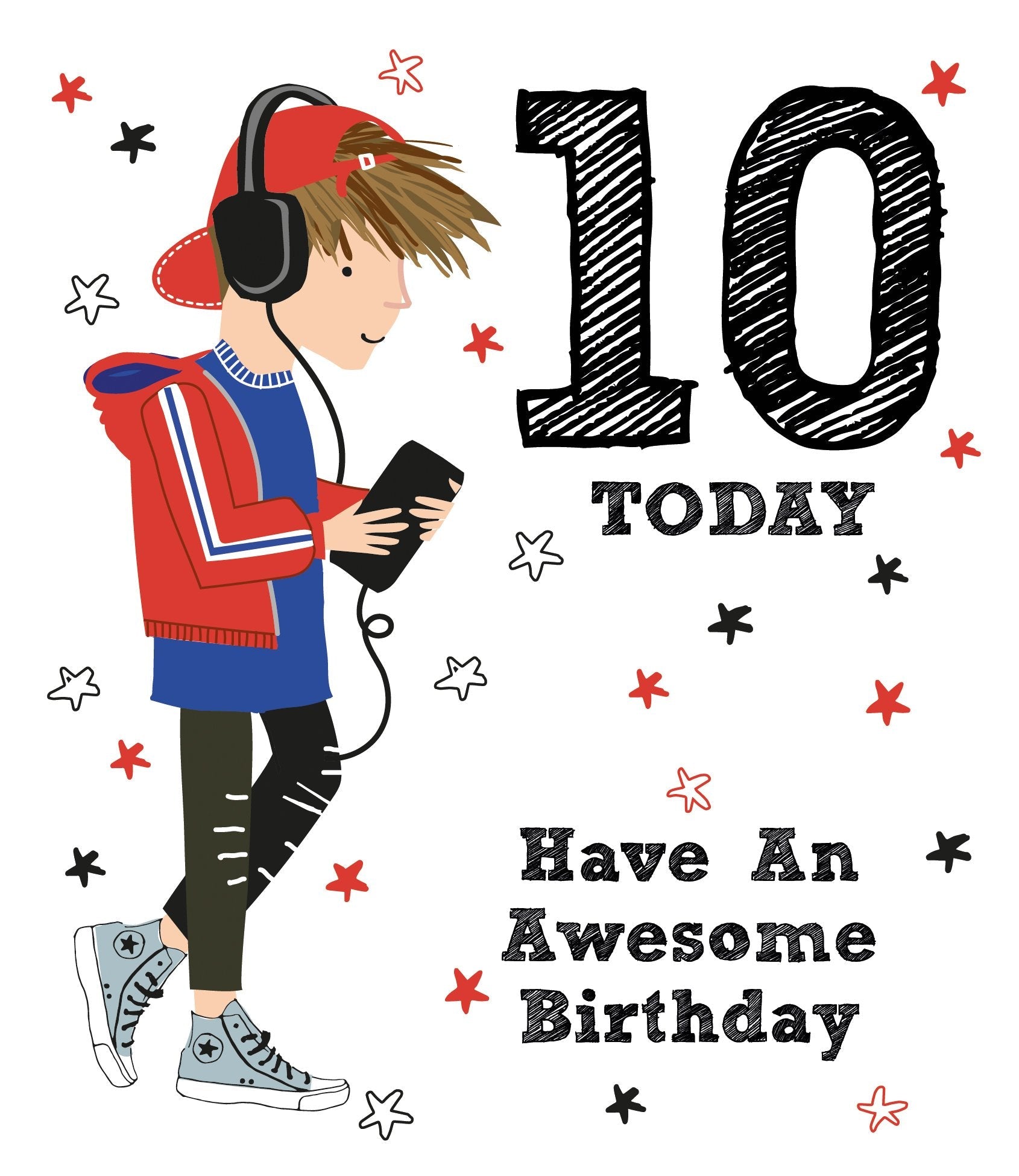 10th Birthday Card - Listening To Music On Headphones 