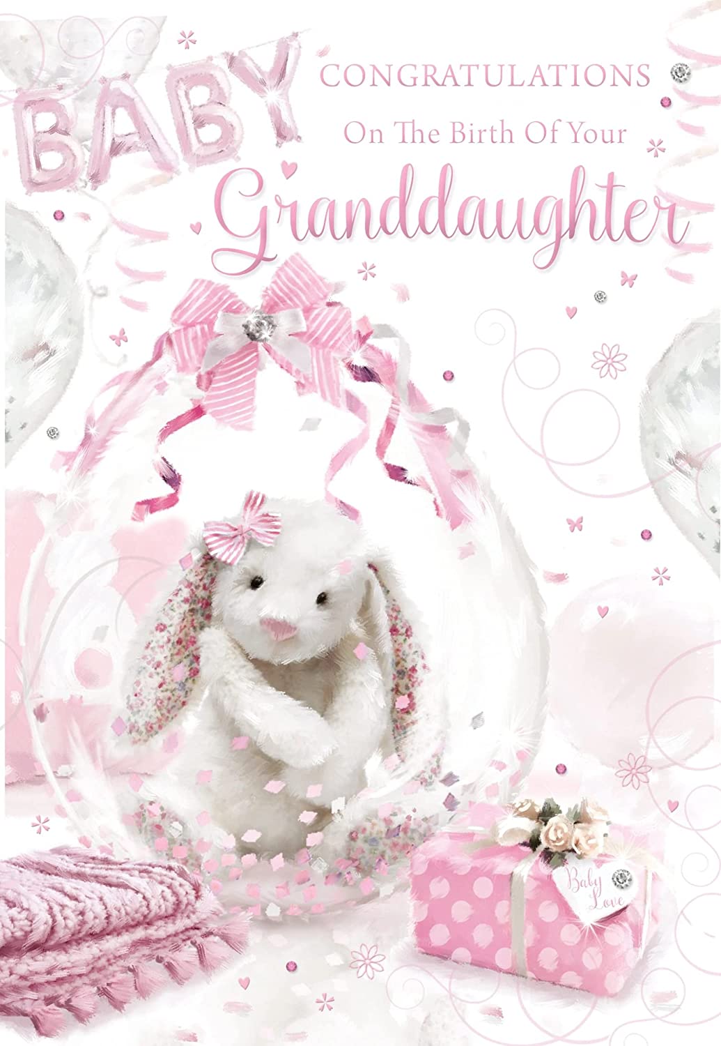 Birth Of Your Granddaughter Card - Cute Rabbit In A Balloon And Gifts
