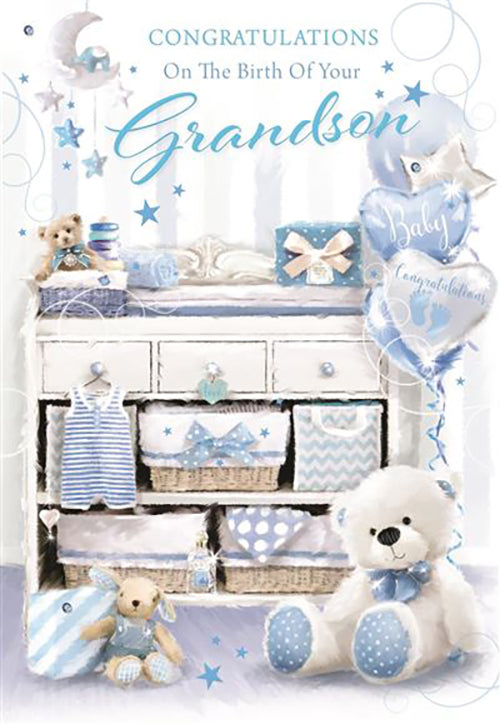 Birth Of Your Grandson Card - Teddy Bear, Balloons And Baby Dresser