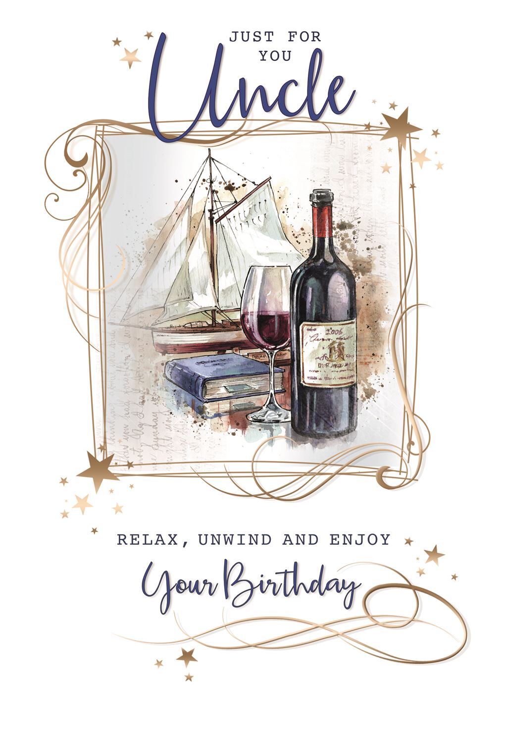 Uncle Birthday Card - Wine, Books And A Sailing Boat
