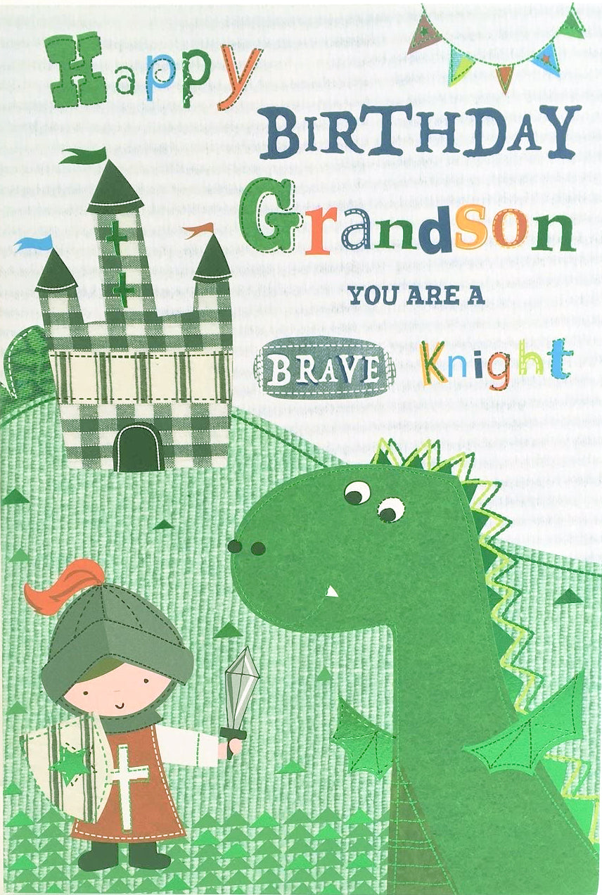 Grandson Birthday Card - A Knight With A Flying Dinosaur
