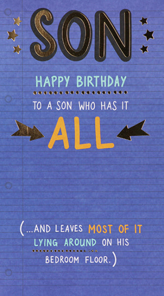 Humorous Son Birthday Card - Youthful Annoying Antics