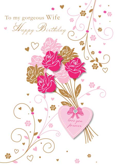 Wife Birthday Card - Bouquet of Roses and Hearts