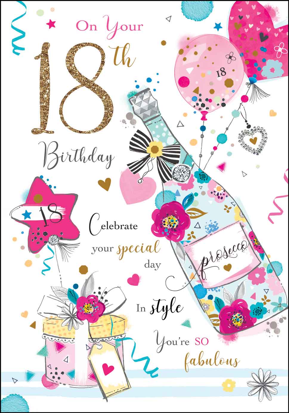 18th Birthday Card - Colourful Celebrations Balloons Presents And Prosecco