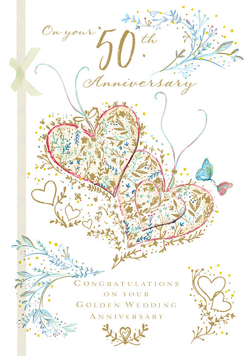 50th Wedding Anniversary Card - Golden Intertwined Hearts with Butterflies