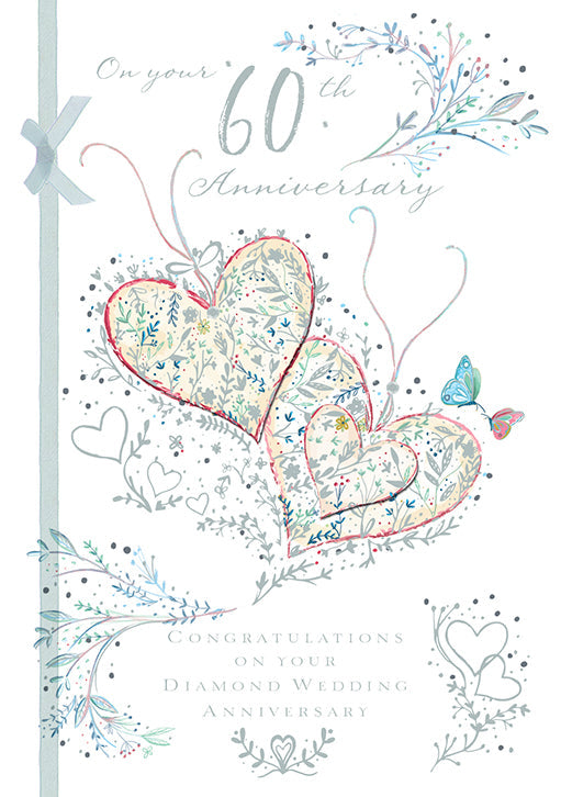 60th Wedding Anniversary Card - Intertwined Hearts with Butterflies