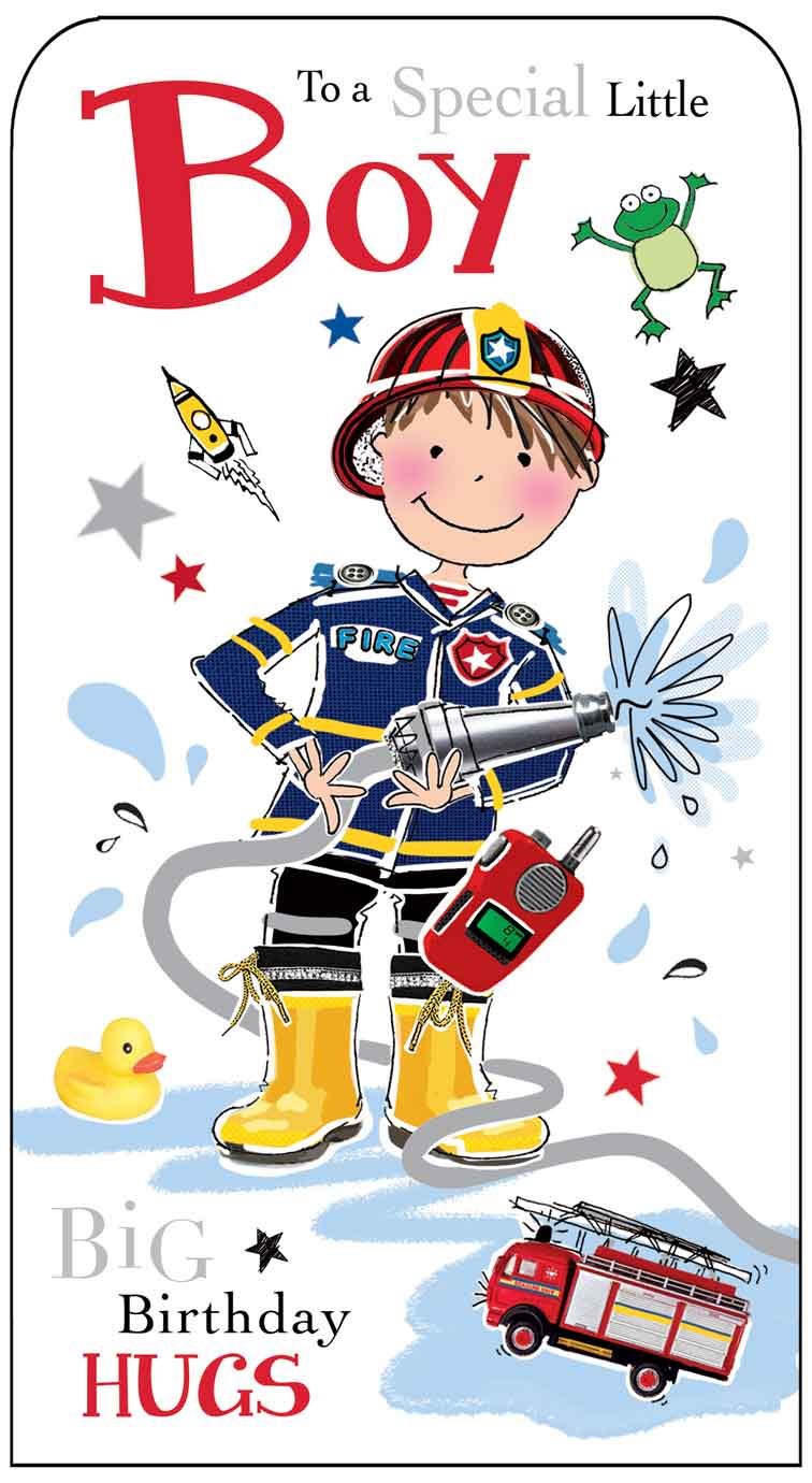 Boy Juvenile Birthday Card - Fireman In Action