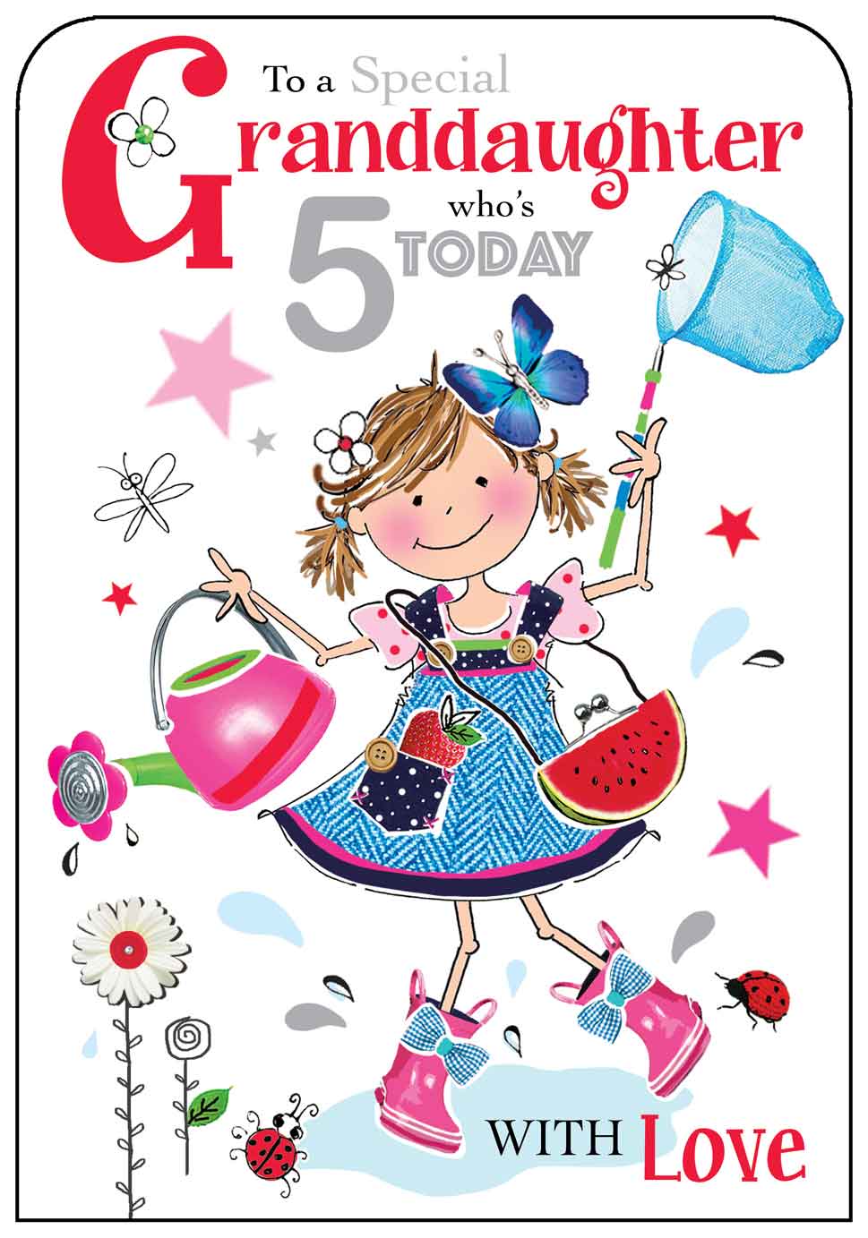 Granddaughter 5th Birthday Card - Catching Butterflies And Watering Activity