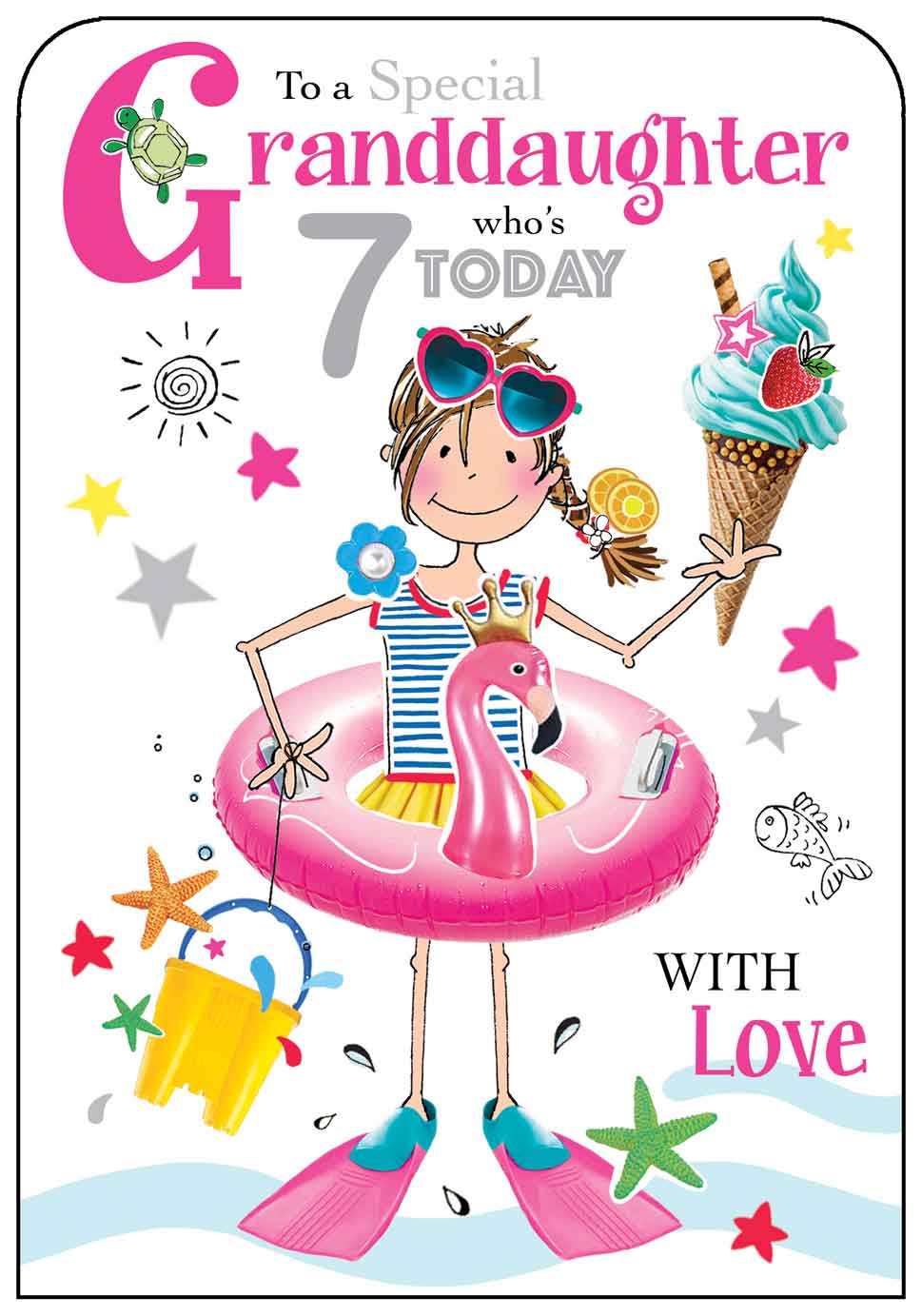 Granddaughter 7th Birthday Card - Diving, Icecream and Sand Castles
