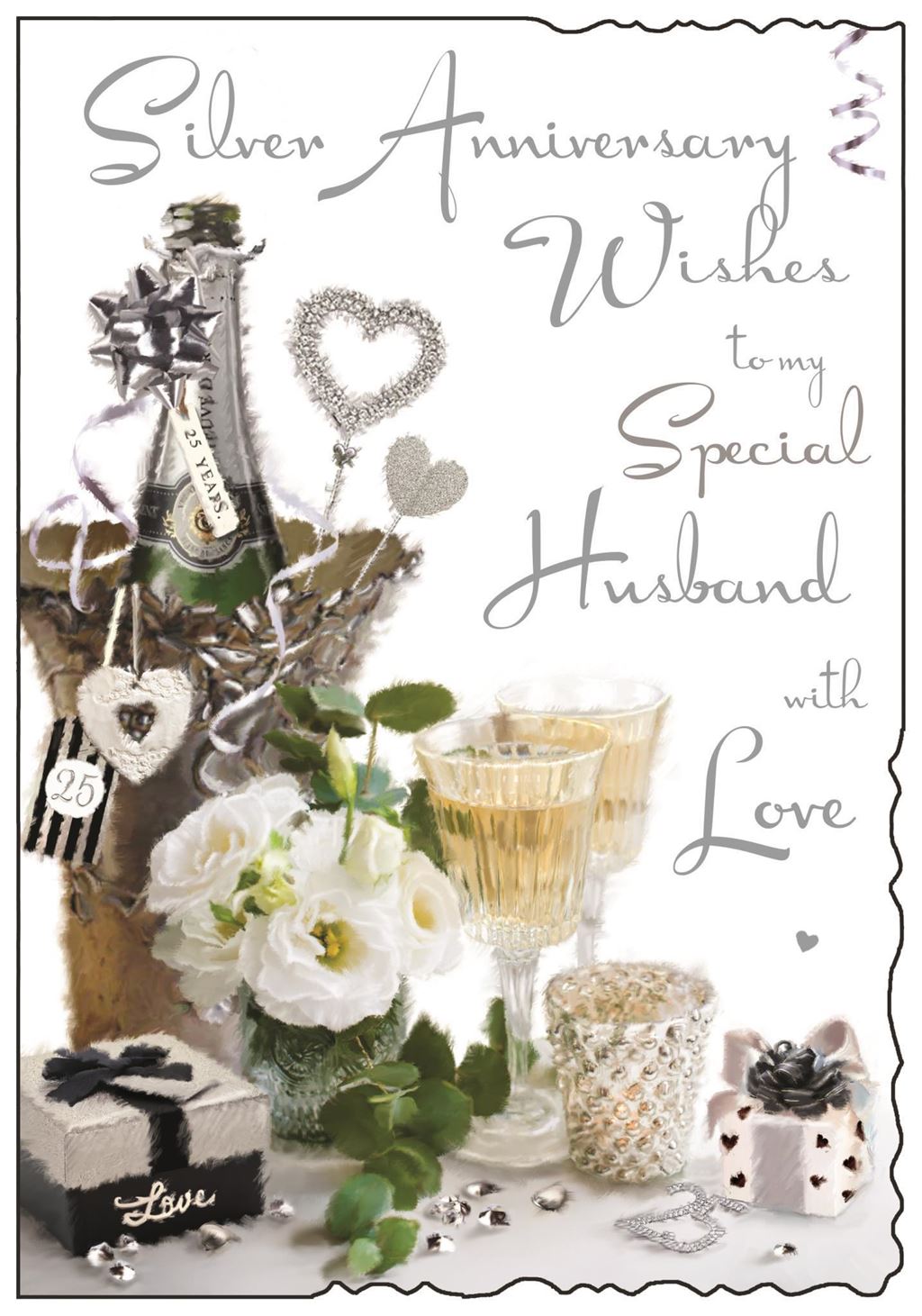 Husband's 25th Wedding Anniversary Card - Bouquet, Champagne and Gifts 