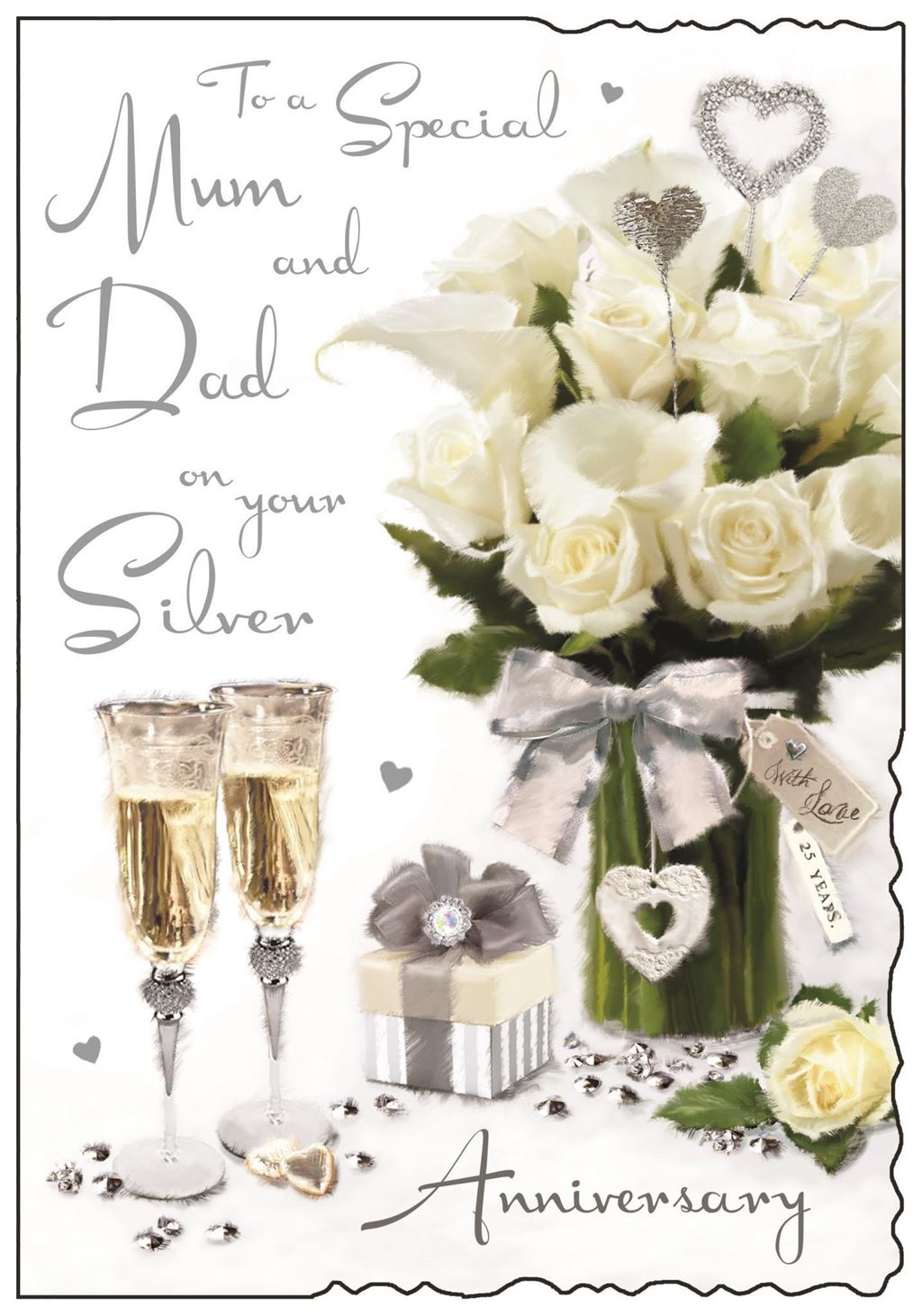 Mum and Dad 25th Anniversary Card - White Roses And Champagne 