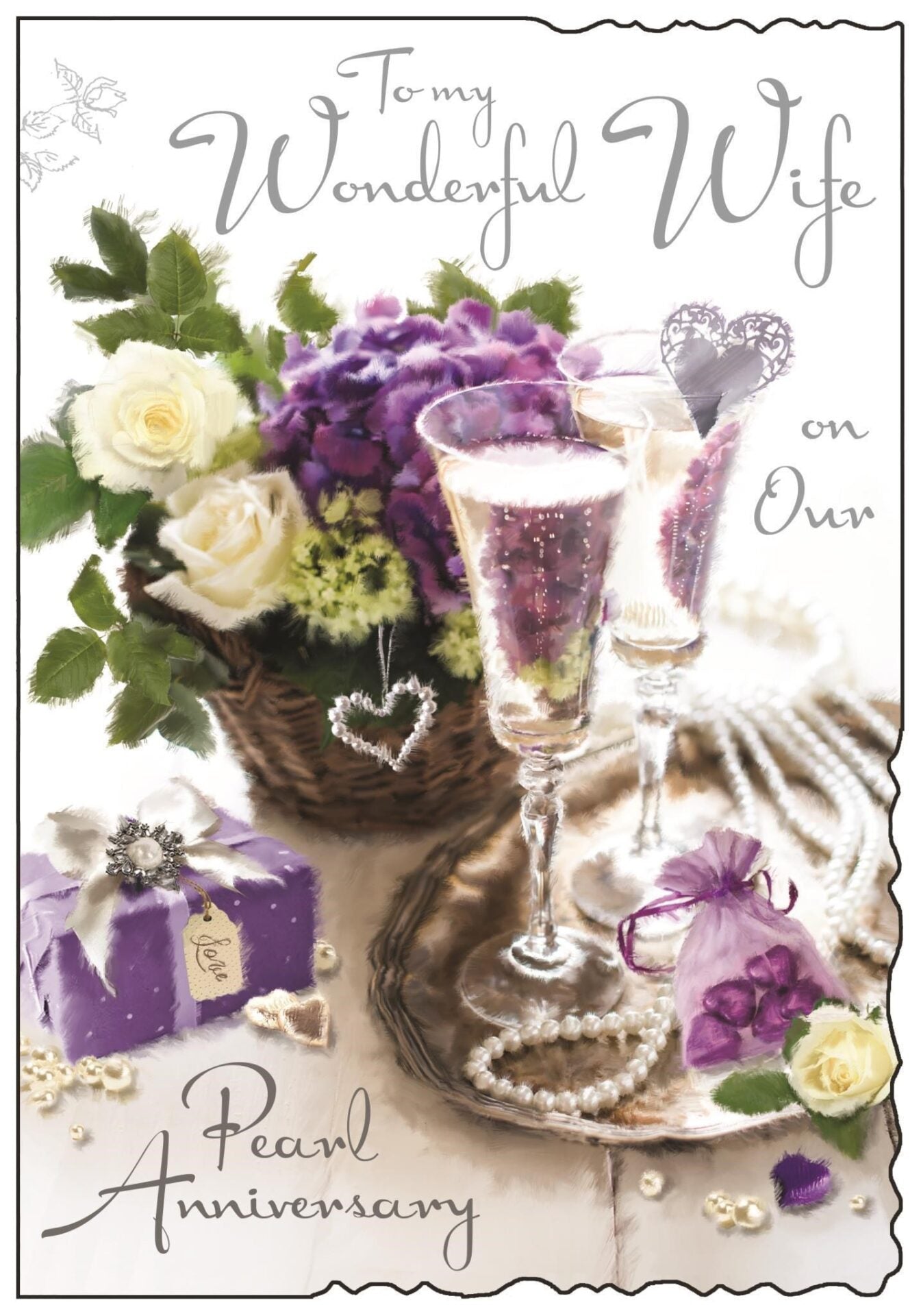 Wife 30th Wedding Anniversary Card - Pearls, Champagne, Flowers, And Gifts 