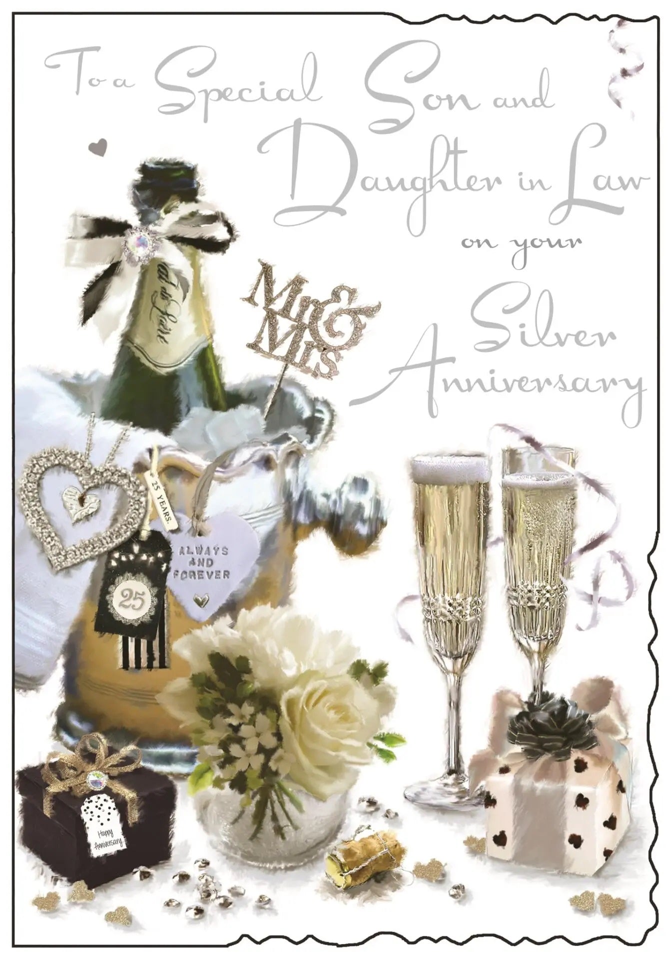 Son & Daughter-In-Law 25th Anniversary Card - Champagne, Gifts, And Flowers 