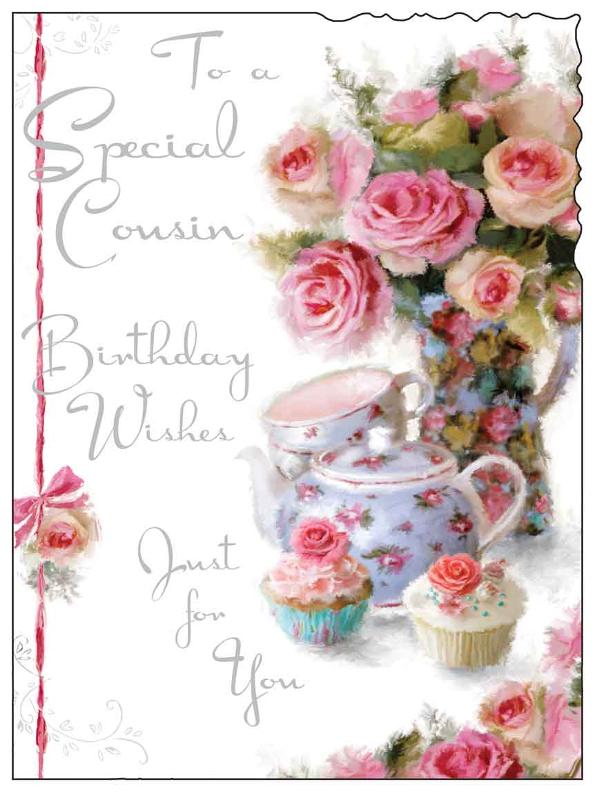 Cousin Birthday Card - Tea Time with Pink Roses