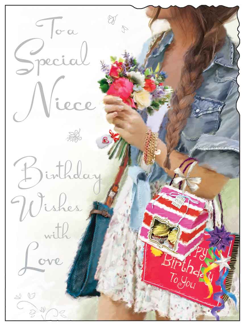 Niece Birthday Card - Embracing Flowers and Presents