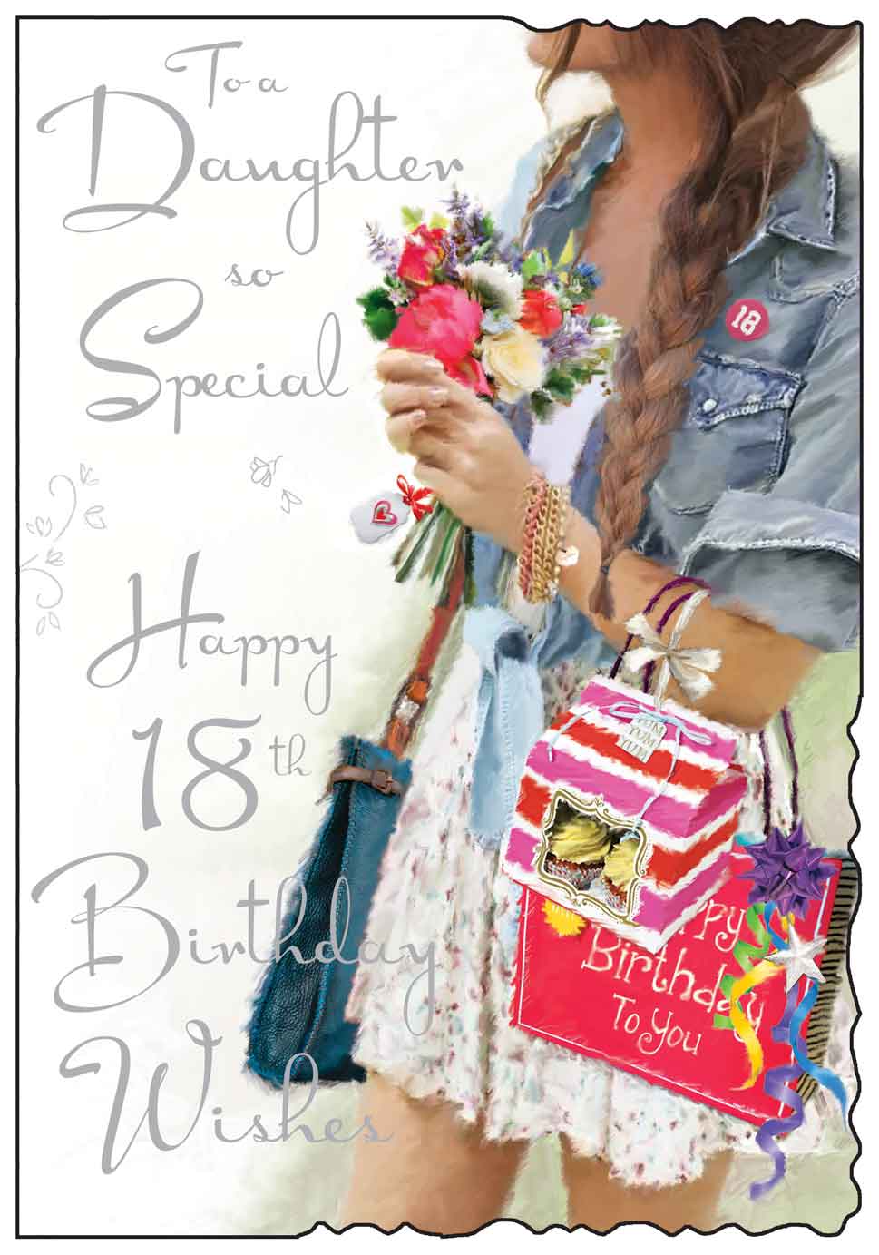 18th Daughter Birthday Card - Birthday Girl With Flowers And Presents