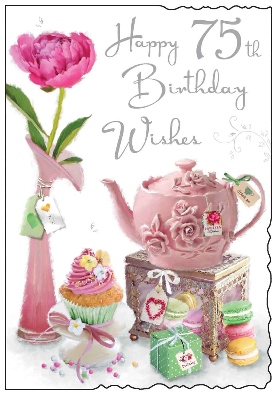 75th Birthday Card - Posh Tea Pot, Sweet Treats And Peony
