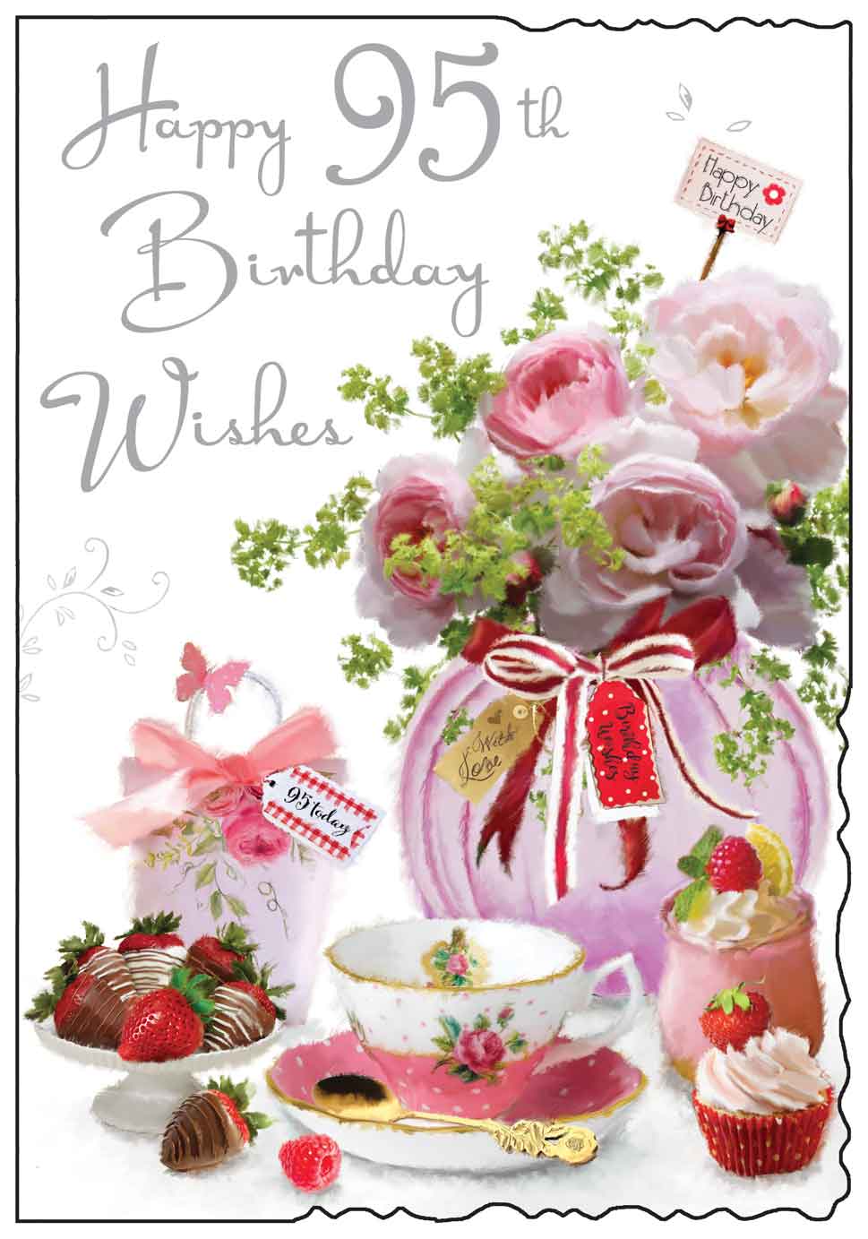 95th Birthday Card - Tea Time With Posh Cup Cakes And Flowers