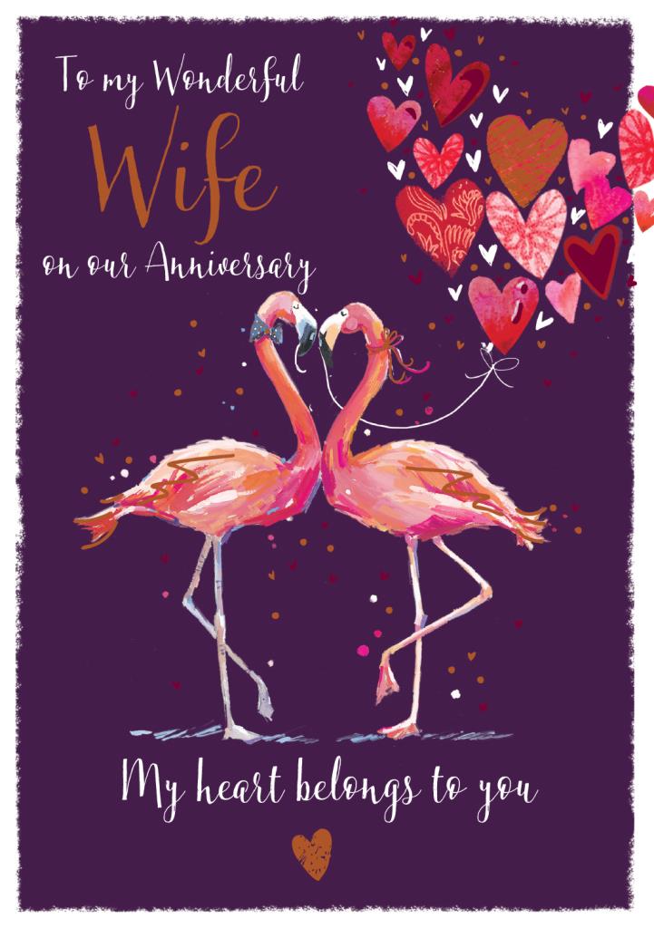 Wife Anniversary Card - In Love Waltzing Flamingos 