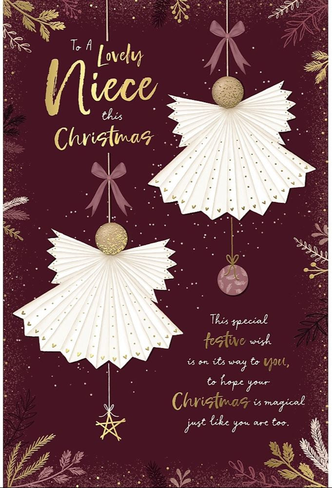 Niece Christmas Card - Hanging Paper Angel Baubles