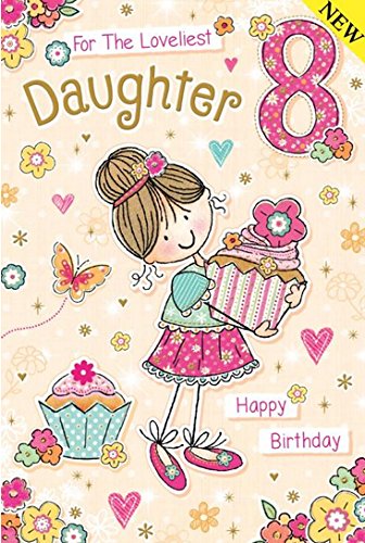 Daughter 8th Birthday Card - Cake and Flower