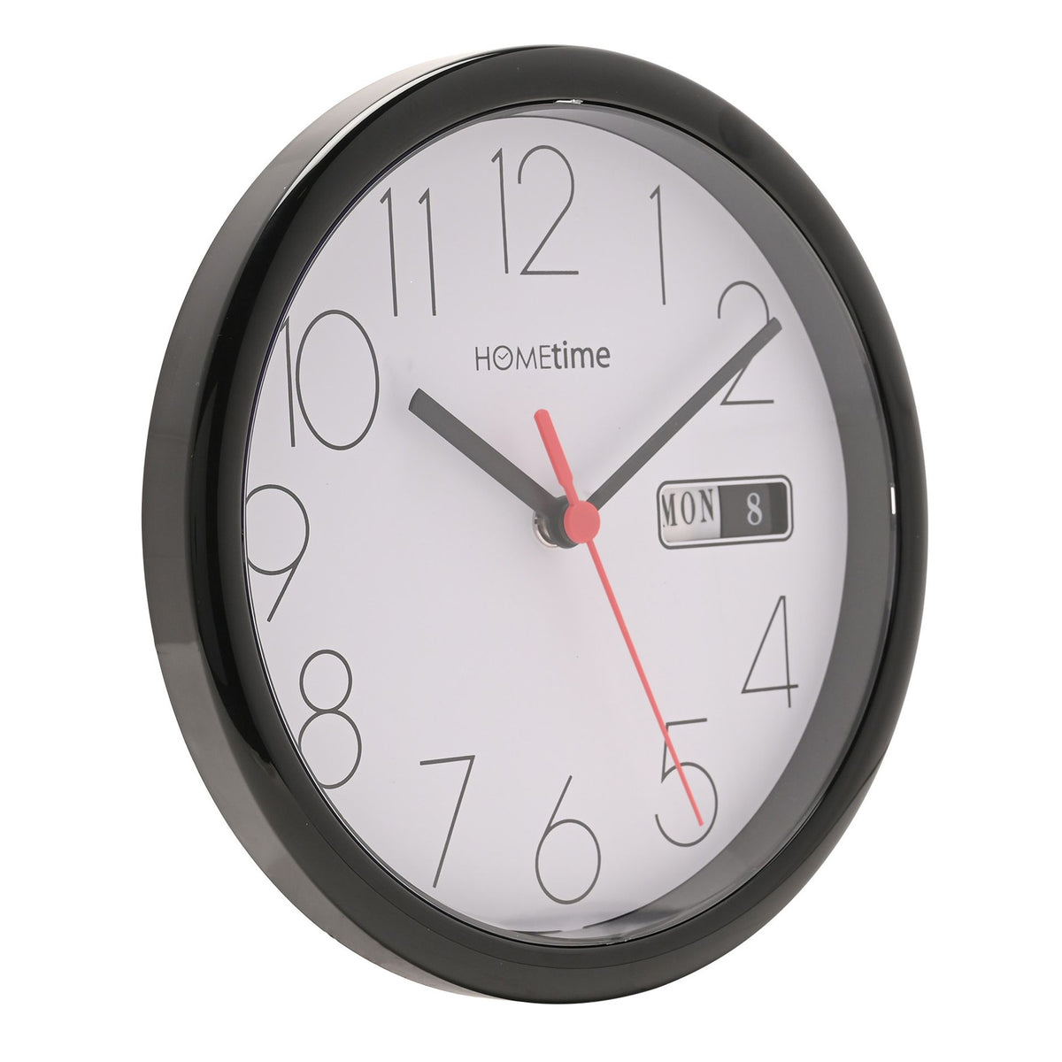 Hometime Day/Date Wall Clk-Black Case White Dial 8.5"Rnd
