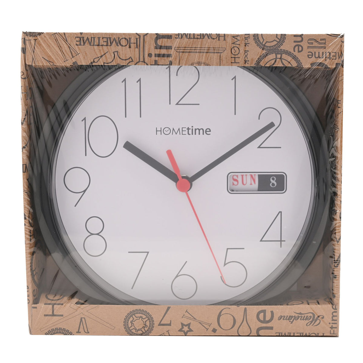 Hometime Day/Date Wall Clk-Black Case White Dial 8.5"Rnd