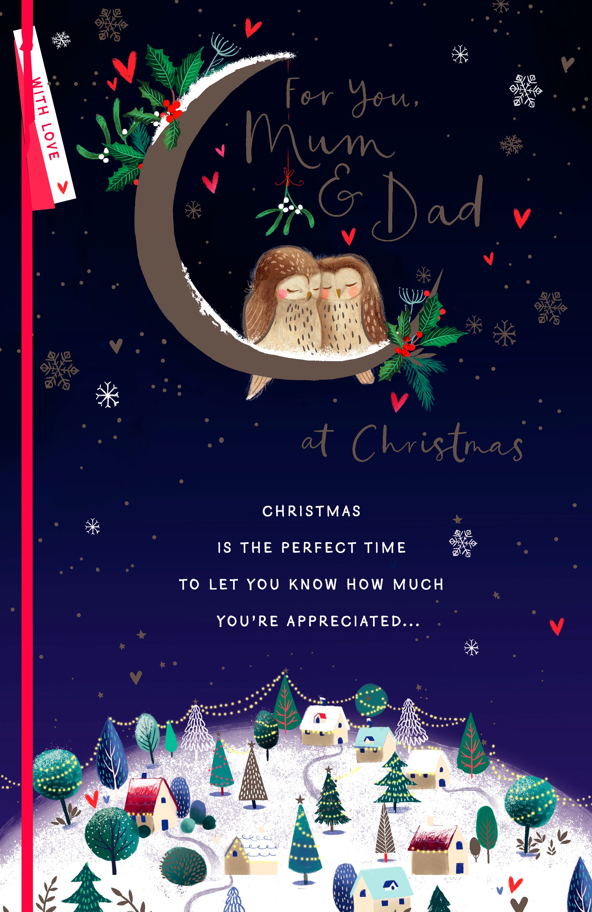 Mum Dad Christmas Card Owls on the Moon