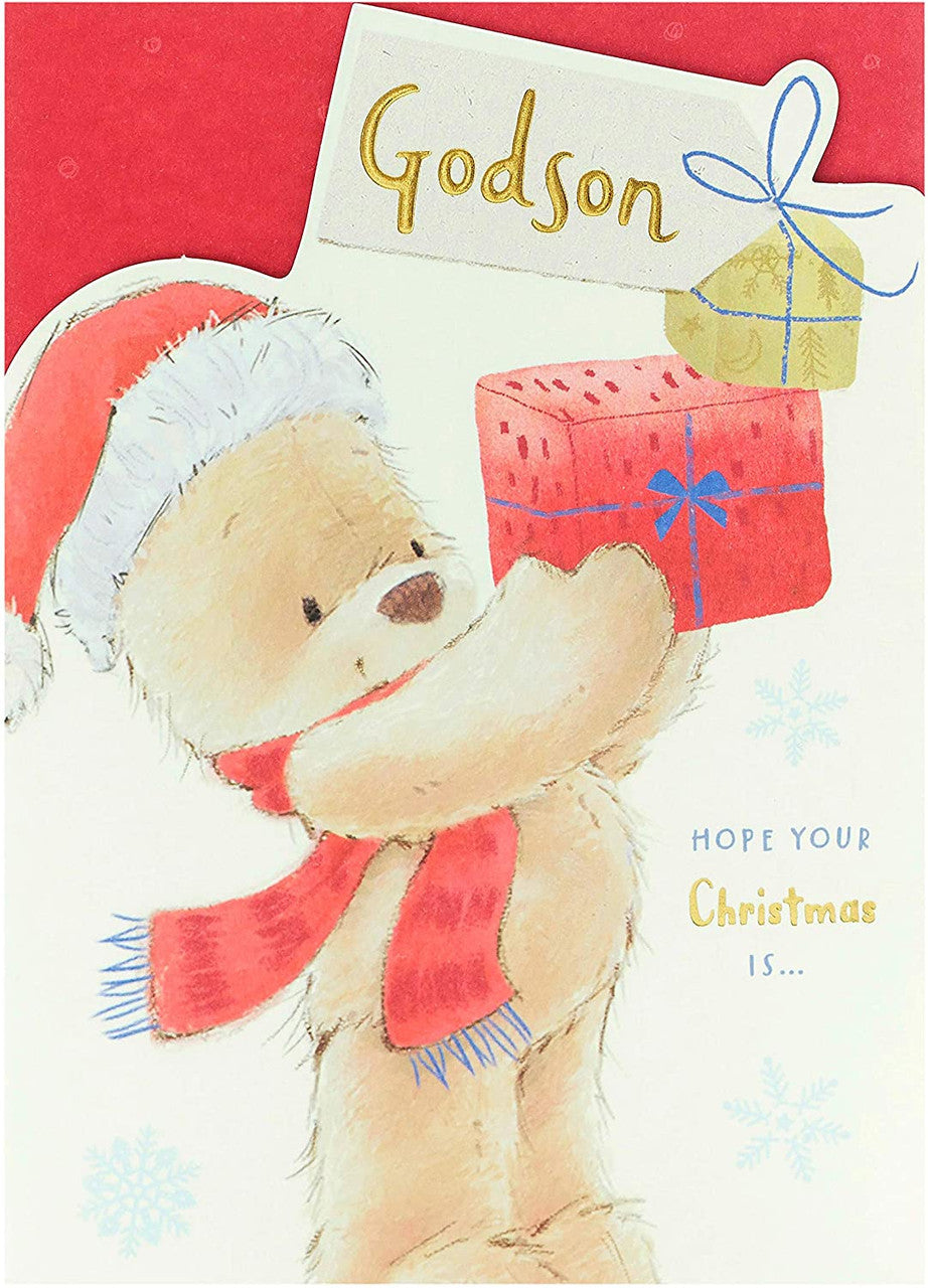 Godson Christmas Card - Adorable Bear with Christmas Gifts