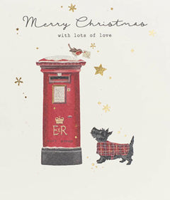 Merry Christmas Card with Lots of Love - Red Mail Box and Dog